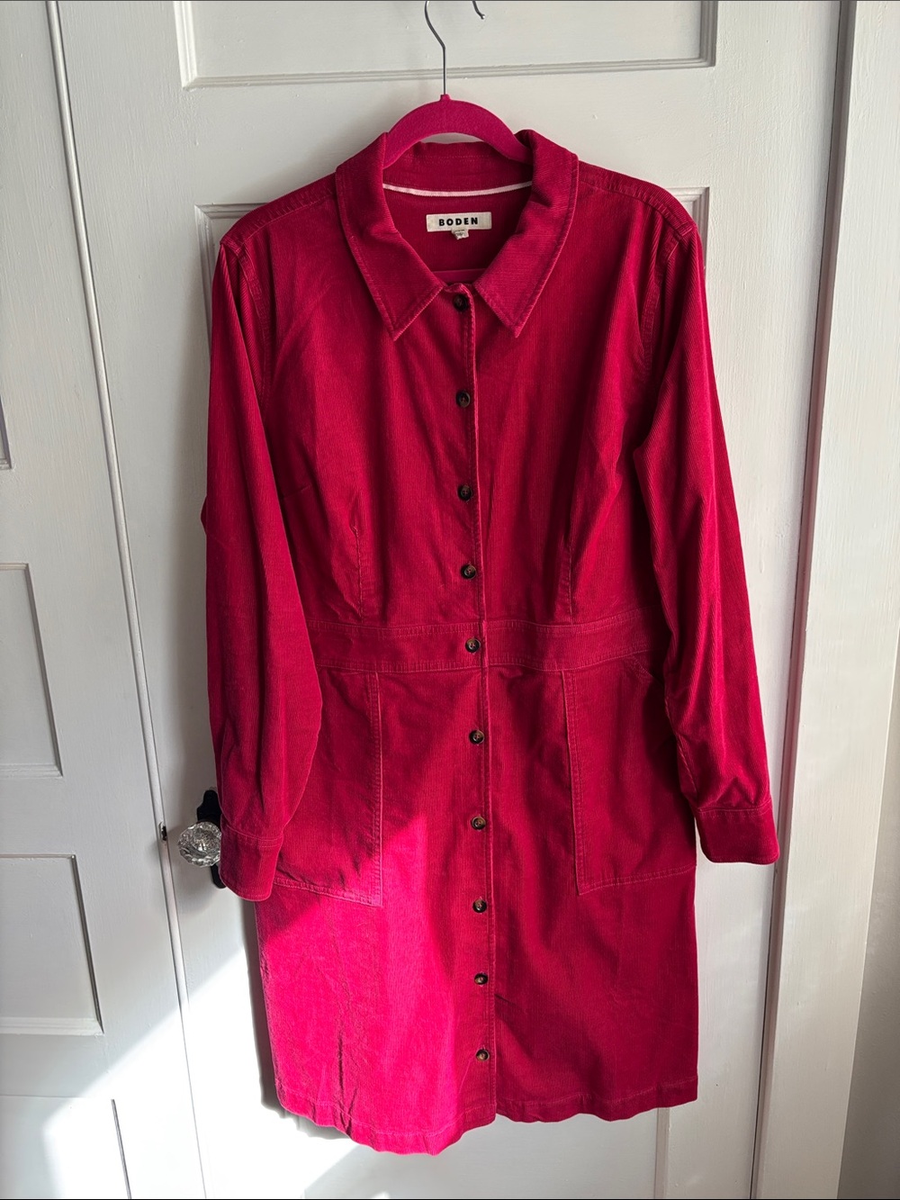 Boden Long-Sleeve Button-Front Corduroy Dress in Berry